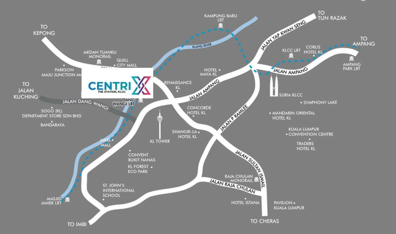Centrix The Station connectivity map showing Dang Wangi LRT, KLCC, KL Tower and surrounding landmarks