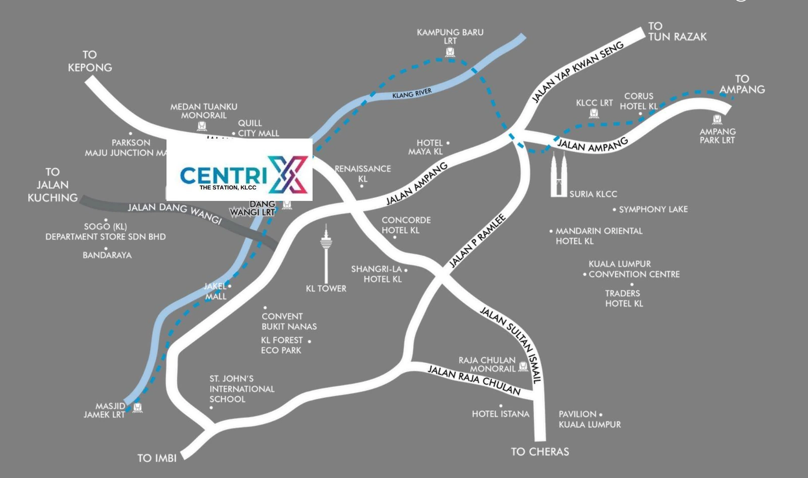 Centrix The Station connectivity map showing Dang Wangi LRT, KLCC, KL Tower and surrounding landmarks