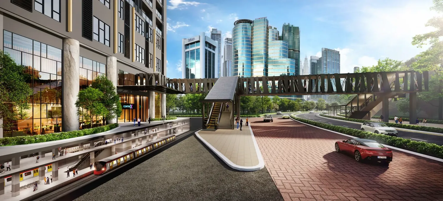 Centrix The Station street frontage and skybridge linking directly to Dang Wangi LRT, KLCC beyond